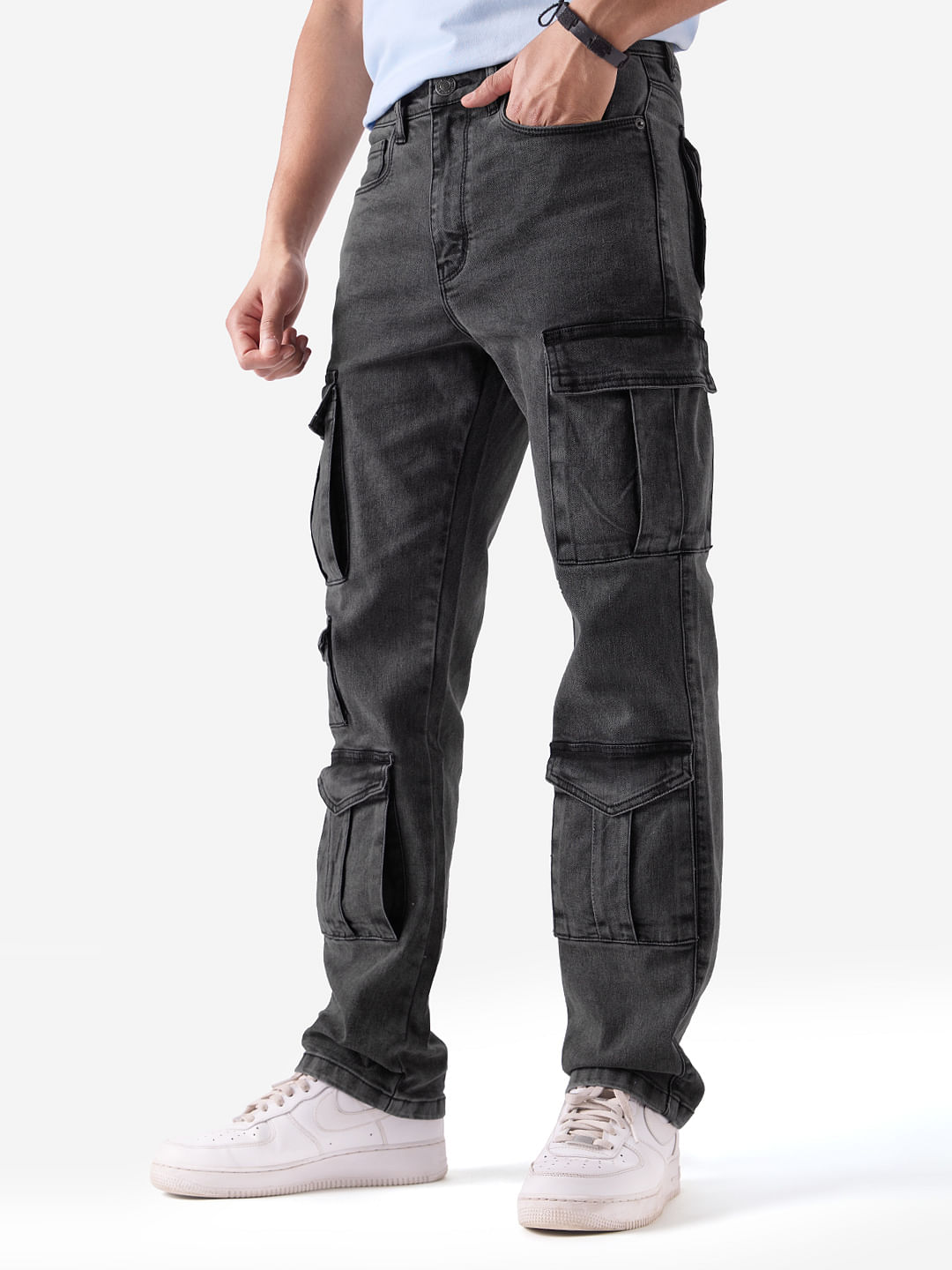 Cotton Jeans- Dark Grey Cargo Pocket Carpenter Jeans for Men Online |  Powerlook